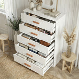 [White] five drawer chest shown at angle with drawers open, revealing storage depth and layout