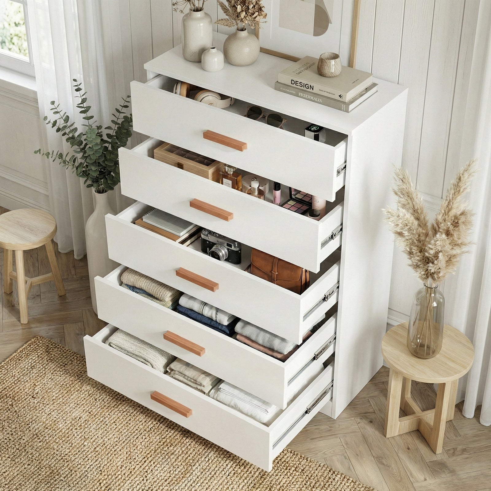 [White] five drawer chest shown at angle with drawers open, revealing storage depth and layout