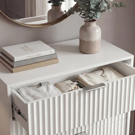 Close detail of white flutrina drawer front with silver metal handle and vertical textured panel design