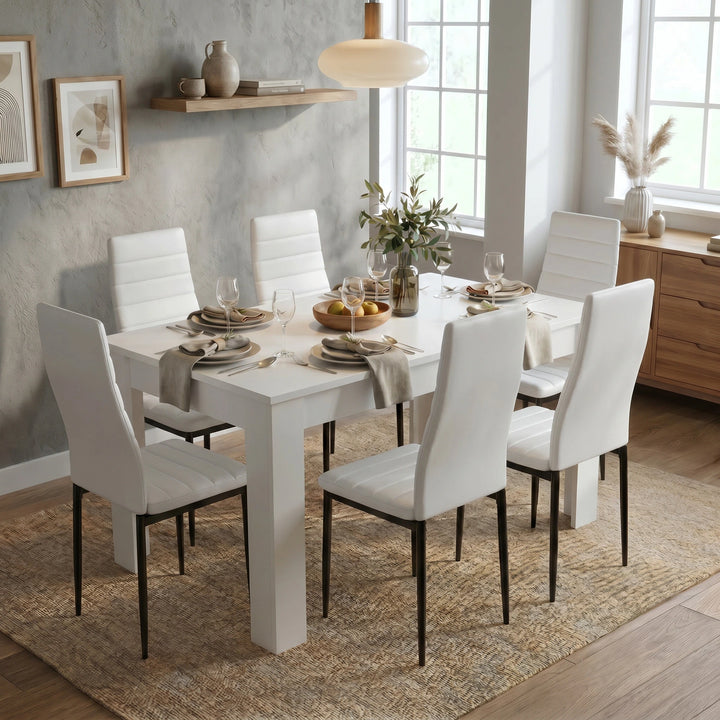 [6 Seater | White] Dining Table and Chairs Set with six white faux leather chairs around a white rectangular table in a styled bright dining room