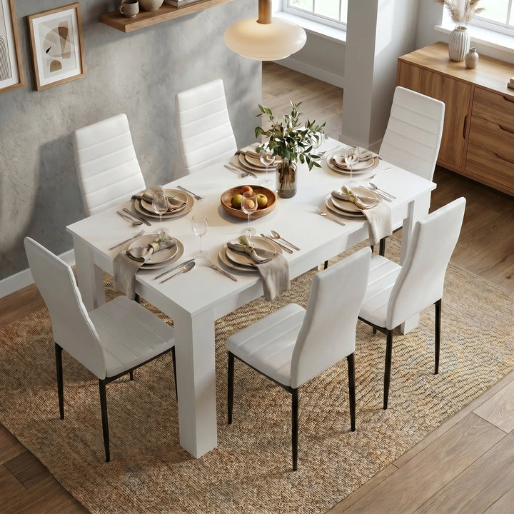 [6 Seater | White] Dining Table and Chairs Set viewed from above in a styled dining room with six white chairs, place settings, and a fruit bowl centrepiece