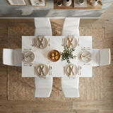 [6 Seater | White] Dining Table and Chairs Set seen from directly above with six place settings, linen napkins, glassware, fruit bowl
