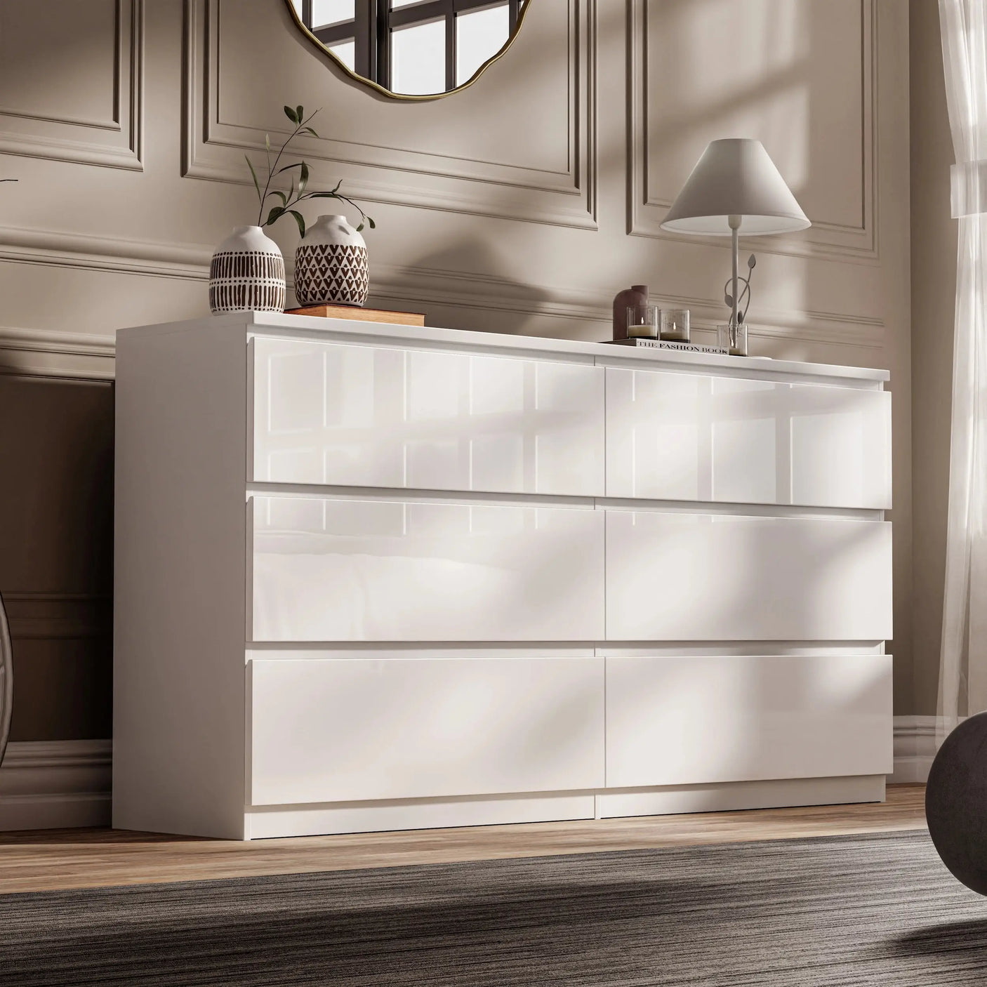 High Gloss Large 6 Drawer Chest of Drawers in white finish, perfect for modern bedroom storage and organization. Features sleek design and ample space.