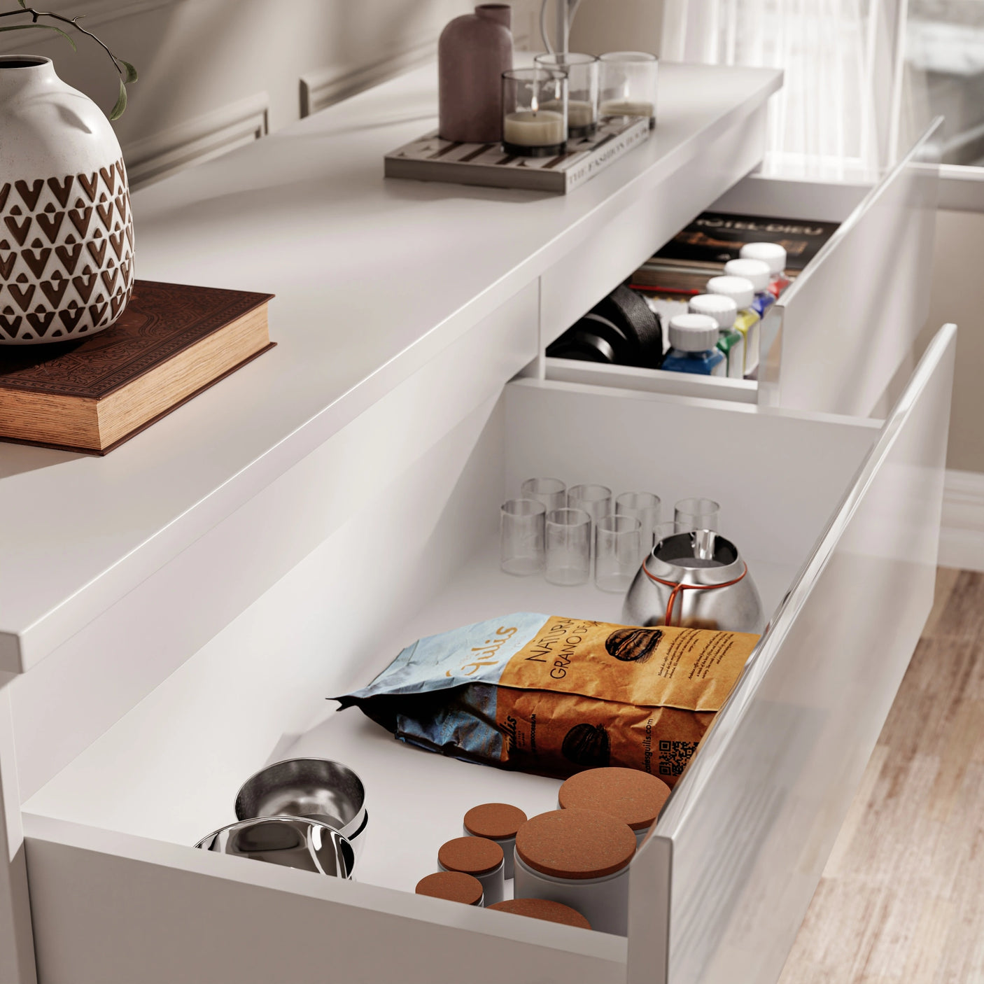 High Gloss Large 6 Drawer Chest of Drawers with open drawers showing organized storage of snacks, jars, and kitchen items in a modern bedroom setting.