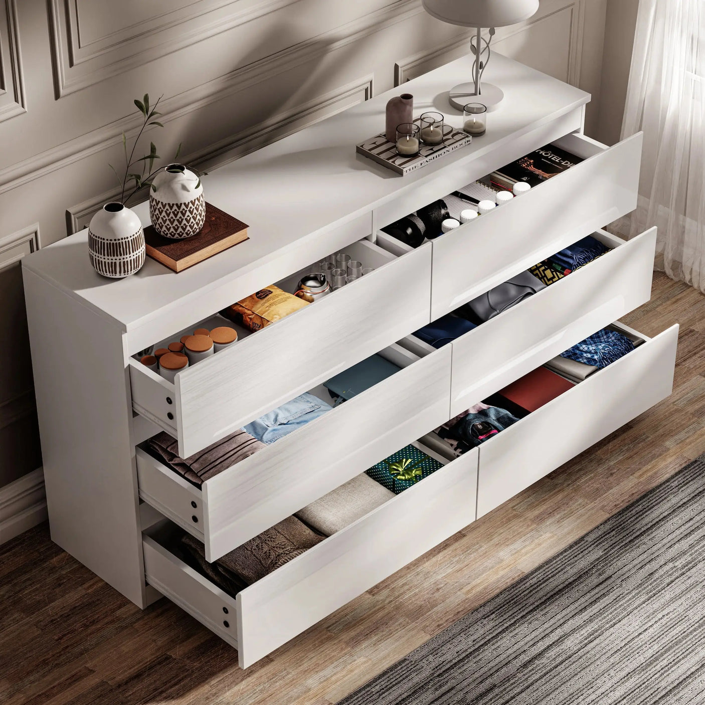 High Gloss Large 6 Drawer Chest of Drawers in white with modern design, showcasing spacious open drawers filled with clothes and accessories.