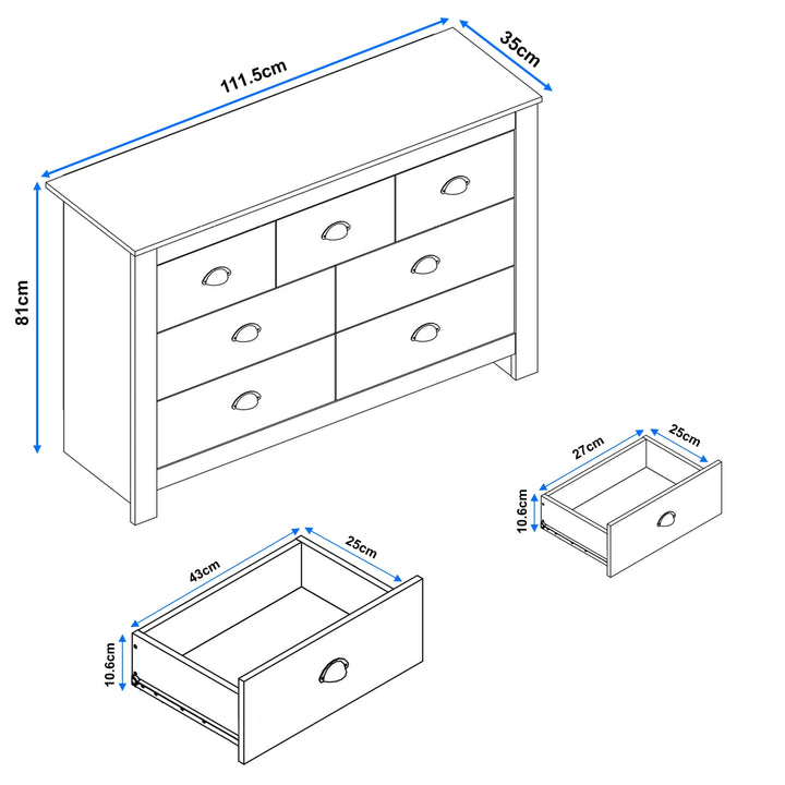 [White] dimension diagram: 111.5cm x 35cm x 81cm with small and large drawer sizes labelled.