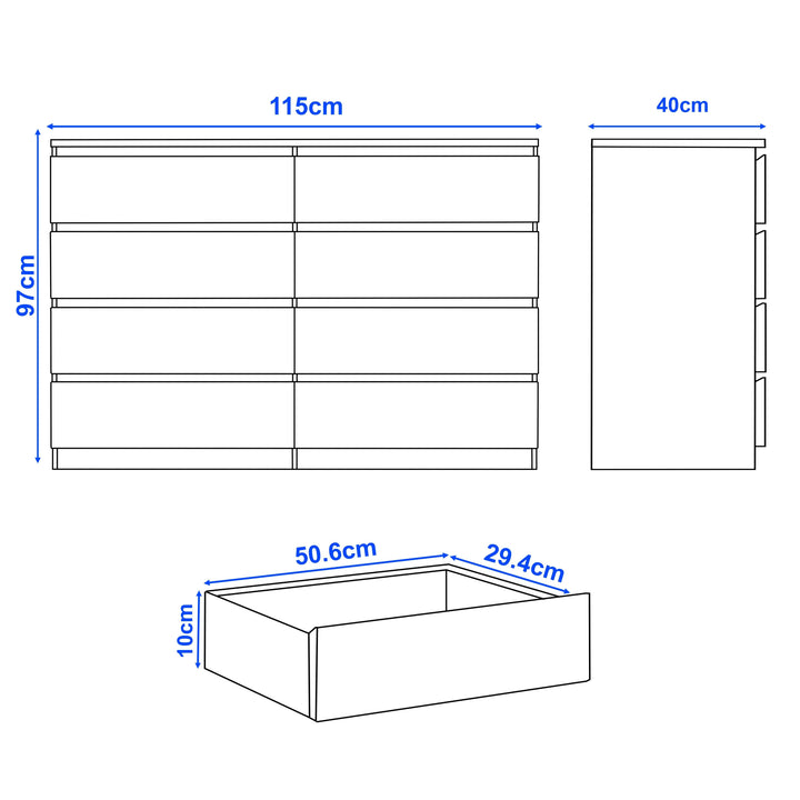 [White] high gloss wide chest of drawers dimensions 115cm x 40cm x 97cm with drawer interior 50.6 x 29.4 x 10