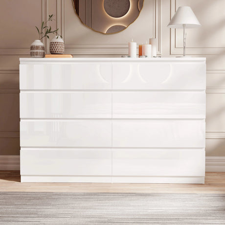 [white] high gloss 8 drawer chest front view closed in bedroom with gold mirror and lamp