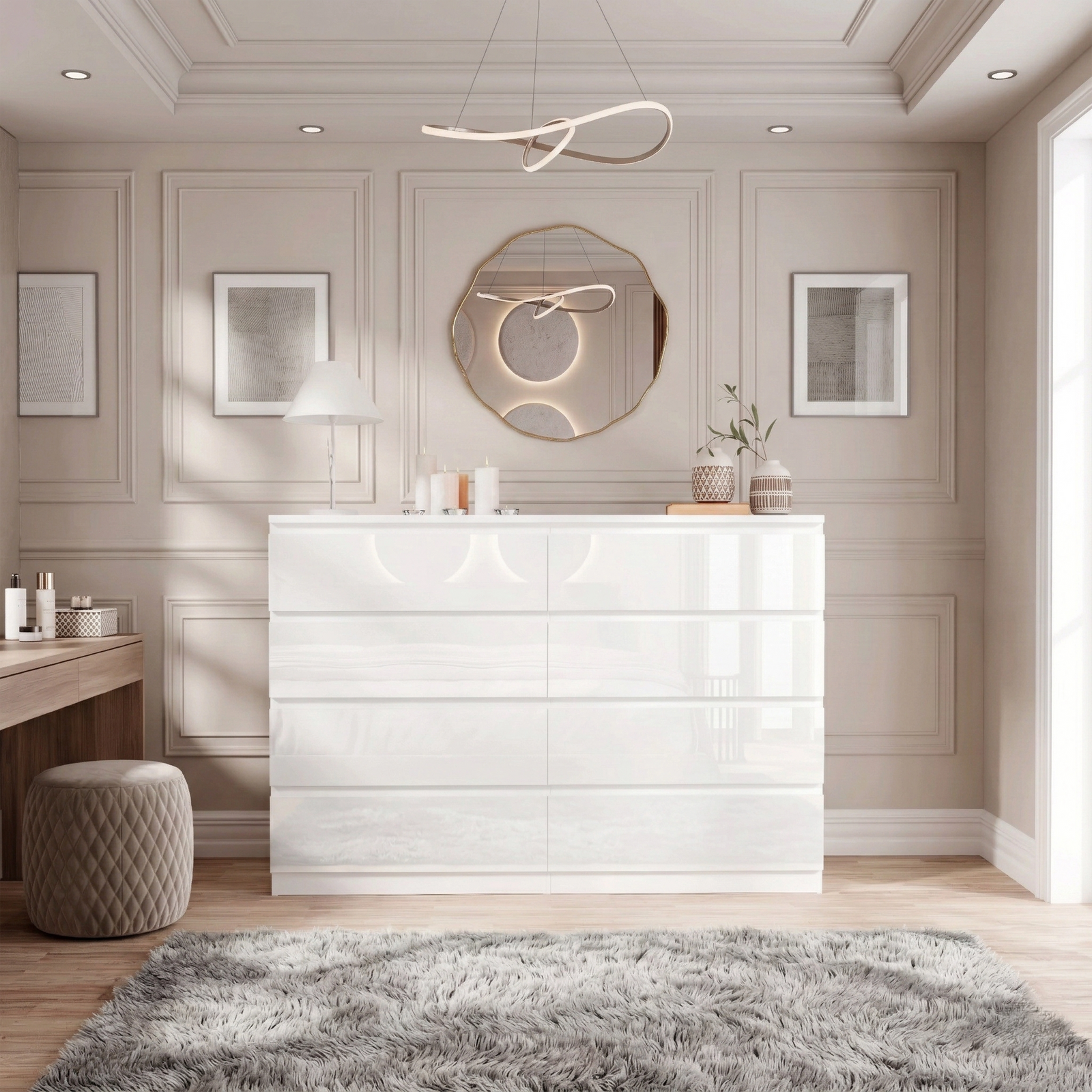 [White] high gloss wide chest of drawers centred under round gold mirror with grey rug and pouf beside