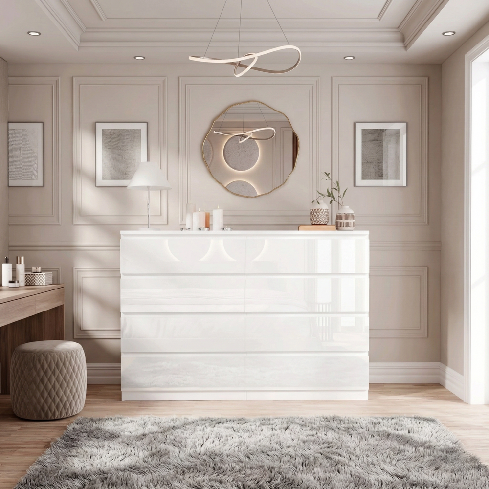 High Gloss Wide 8 Drawer Chest of Drawers | Bedroom Dresser