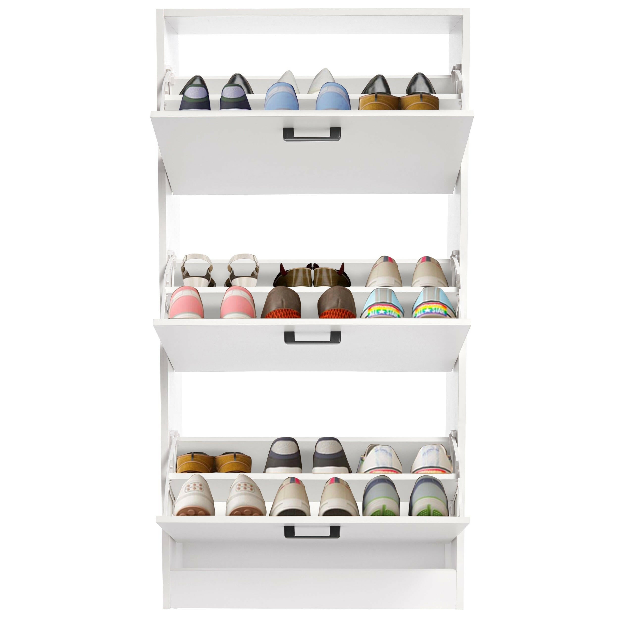 white Slim shoe rack cabinet with adjustable pull-out shelves, perfect for small spaces.