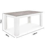 White and marble grey dining table with product dimensions, ideal for contemporary dining spaces.