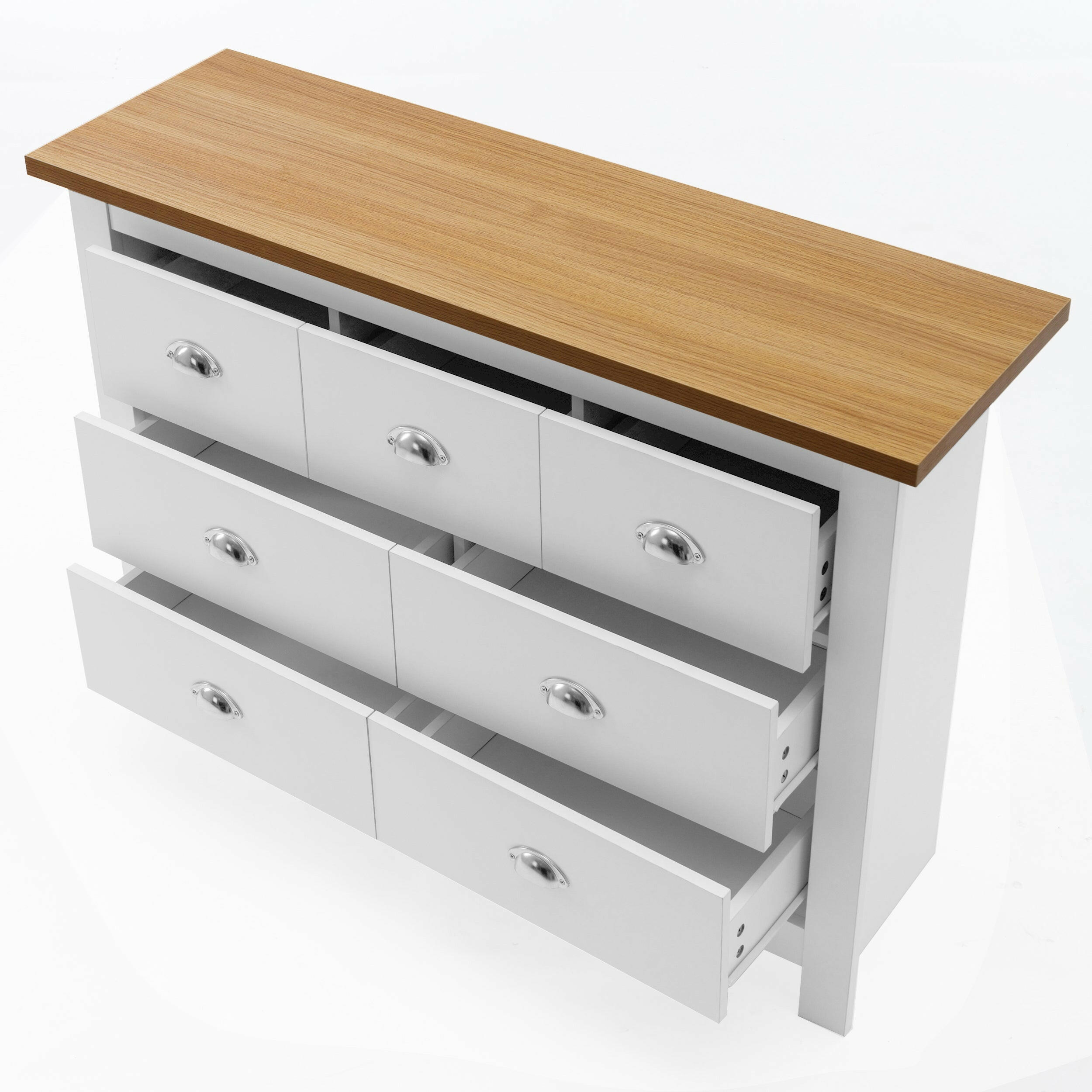 white and oak chest of drawers with wooden top, multiple open drawers, and silver cup handles.