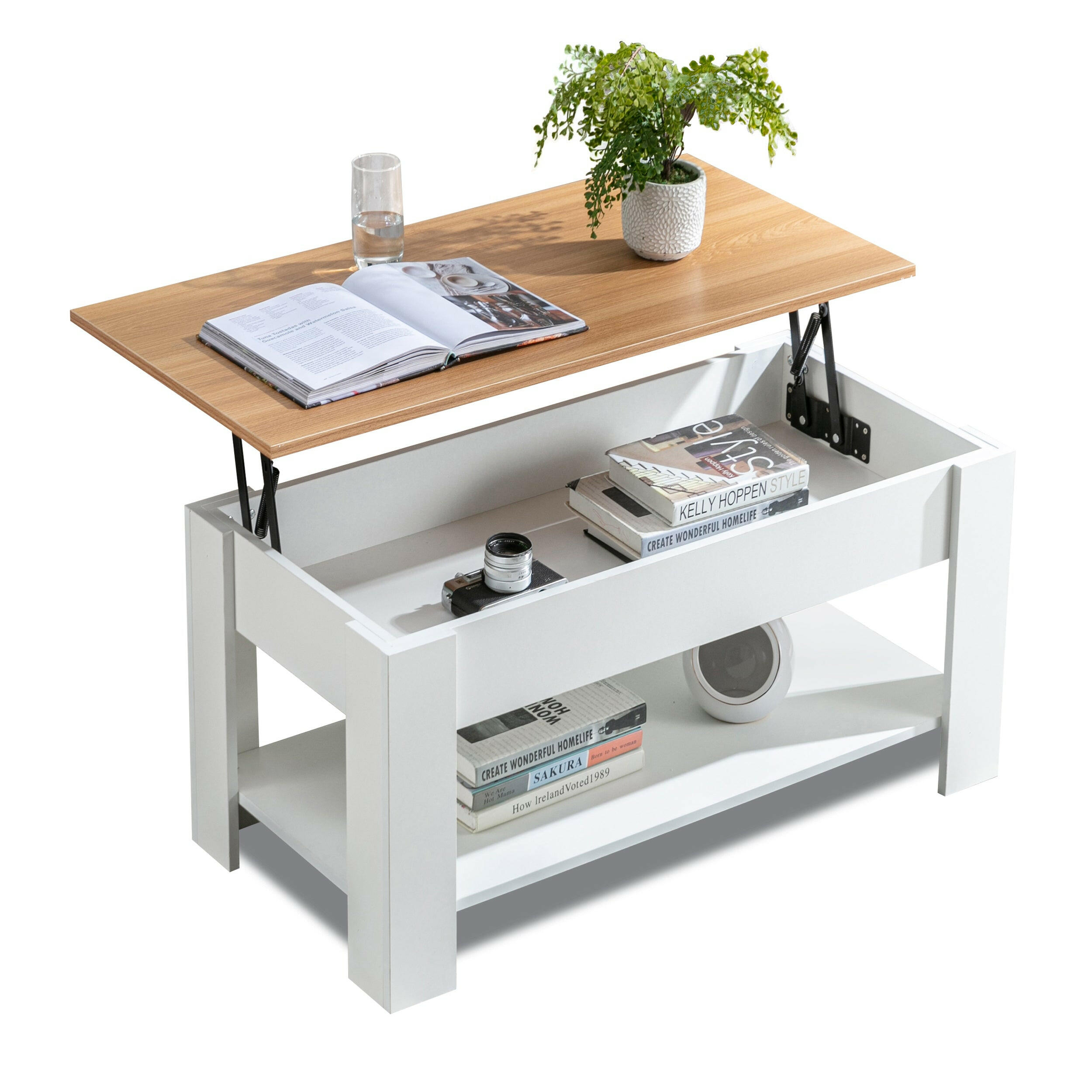 Modern storage coffee table with a lift-up wooden top, white base, and ample storage space.