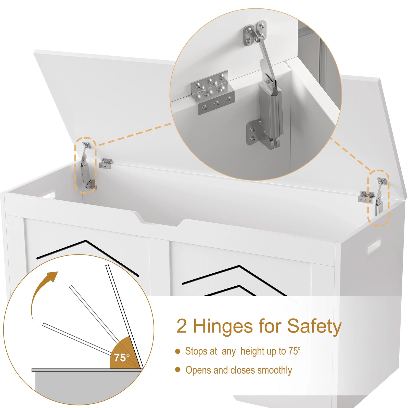 [White] White storage box with hinges and safety features highlighted on a white background