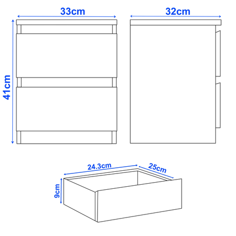 Dimensions of a kitchen cabinet, drawer, and shelf on a white background