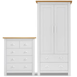 Bedroom furniture set featuring a white wardrobe with two doors and matching chest of drawers.