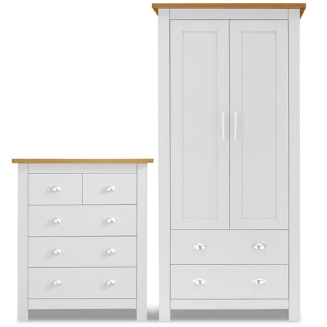 Bedroom furniture set featuring a white wardrobe with two doors and matching chest of drawers.