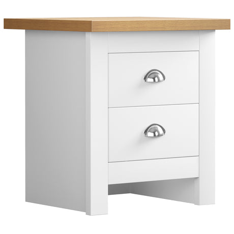 White bedside cabinet with sturdy handles, offering stylish and functional storage.
