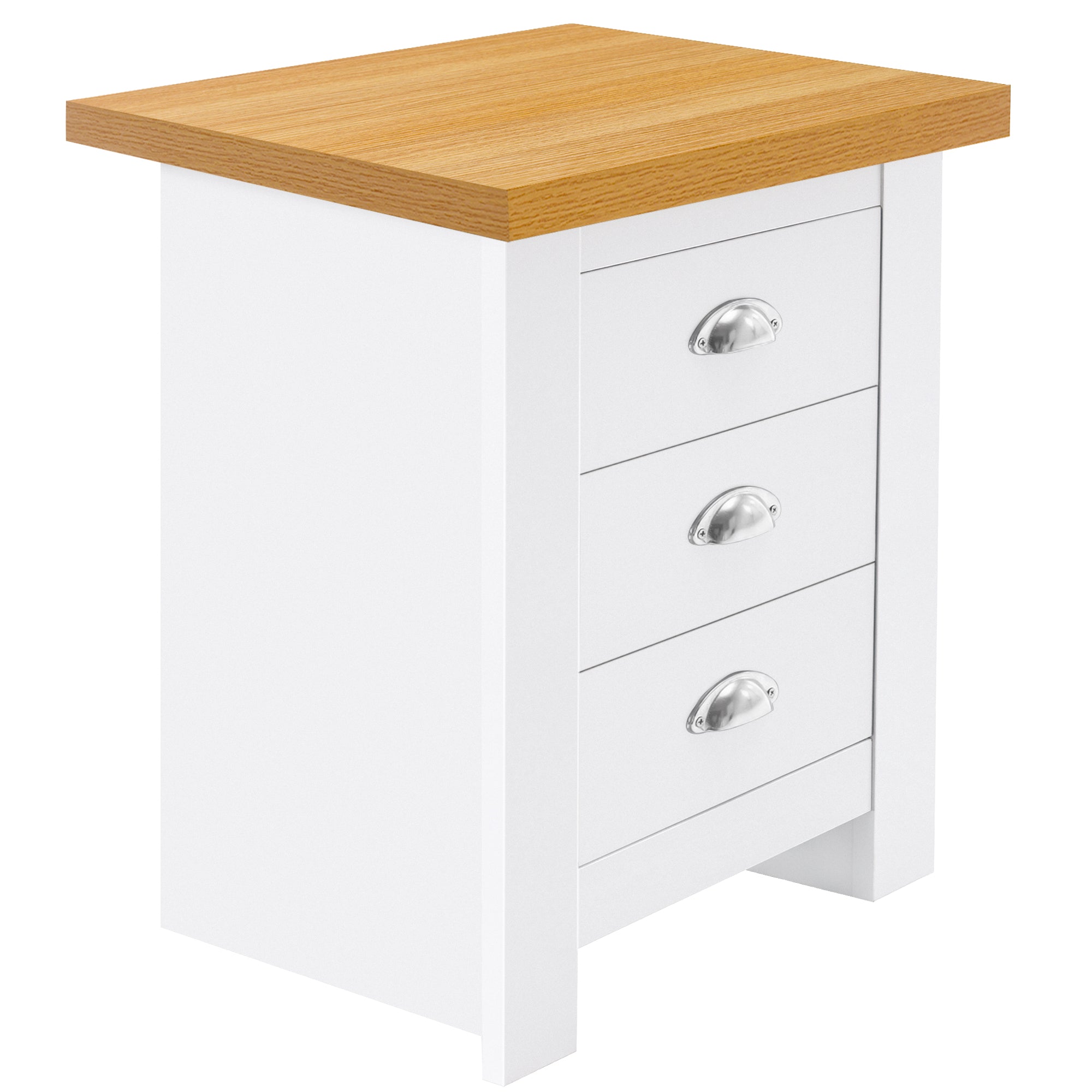 Sleek white bedside table with 3 drawers, offering ample storage for modern bedroom decor