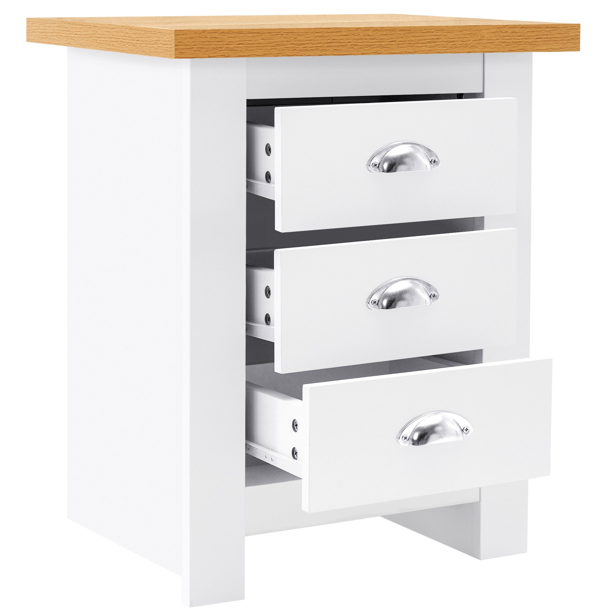 White bedside table with 3 drawers and oak top, featuring open compartments for storage.