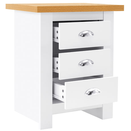 White bedside table with 3 drawers, offering a top surface for books, lamps, and style.