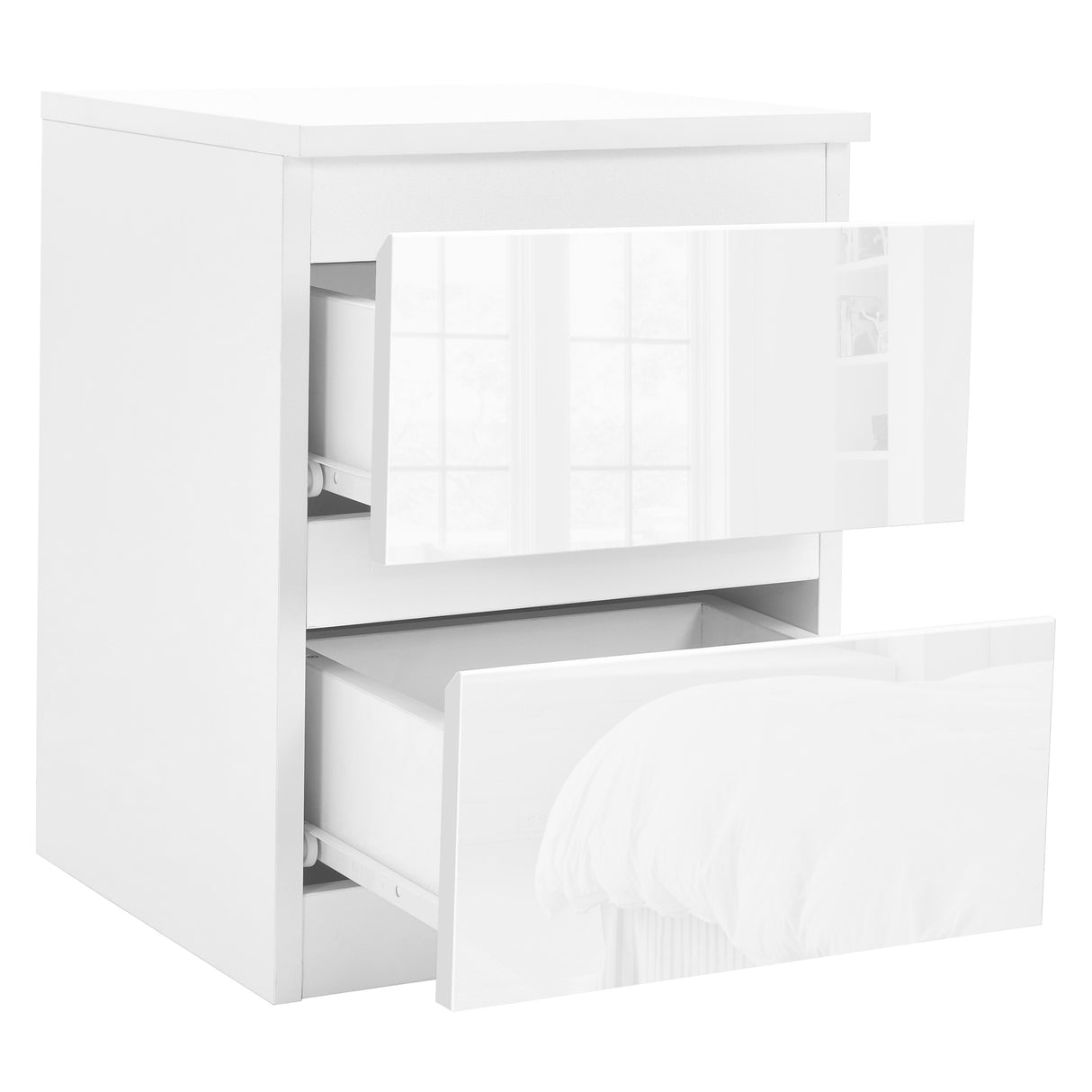 White bedside table with drawers, providing sleek and functional storage for a modern bedroom.