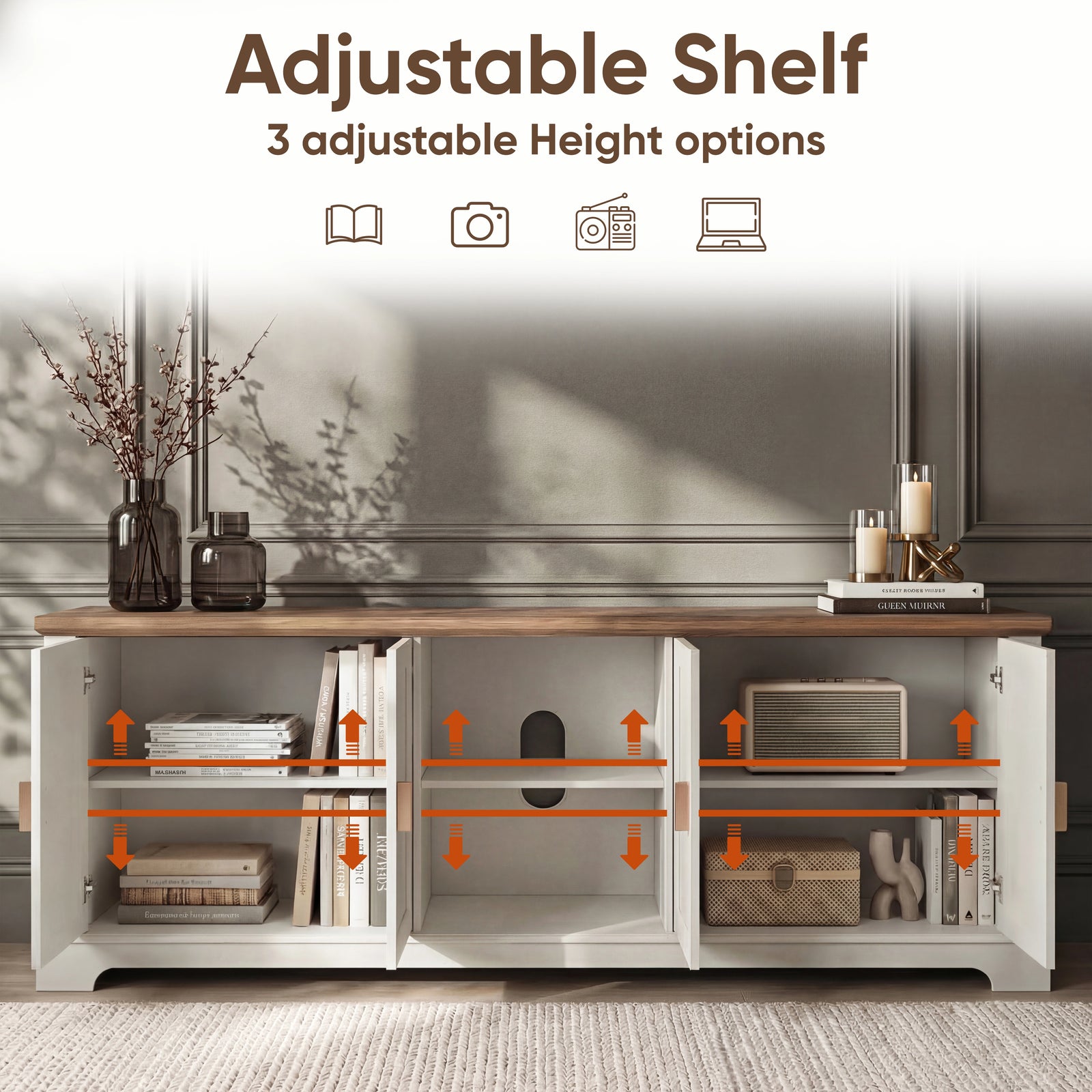 [White | 170cm] Bellford TV unit with all doors open and arrows indicating three adjustable shelf heights throughout