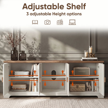 [White | 170cm] Bellford TV unit with all doors open and arrows indicating three adjustable shelf heights throughout