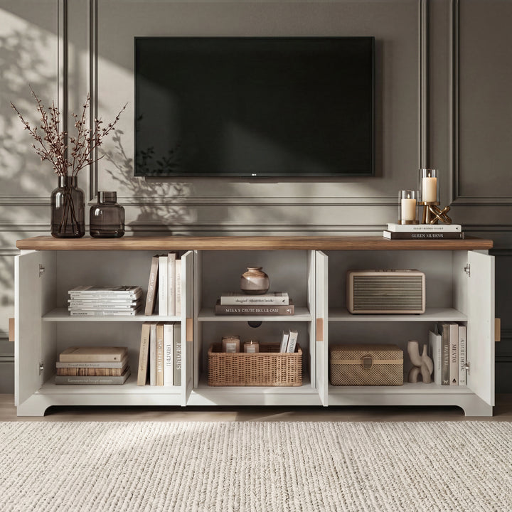 [White | 170cm] Bellford TV unit with all doors open in a dark-walled room showing books, vases, speaker, and baskets