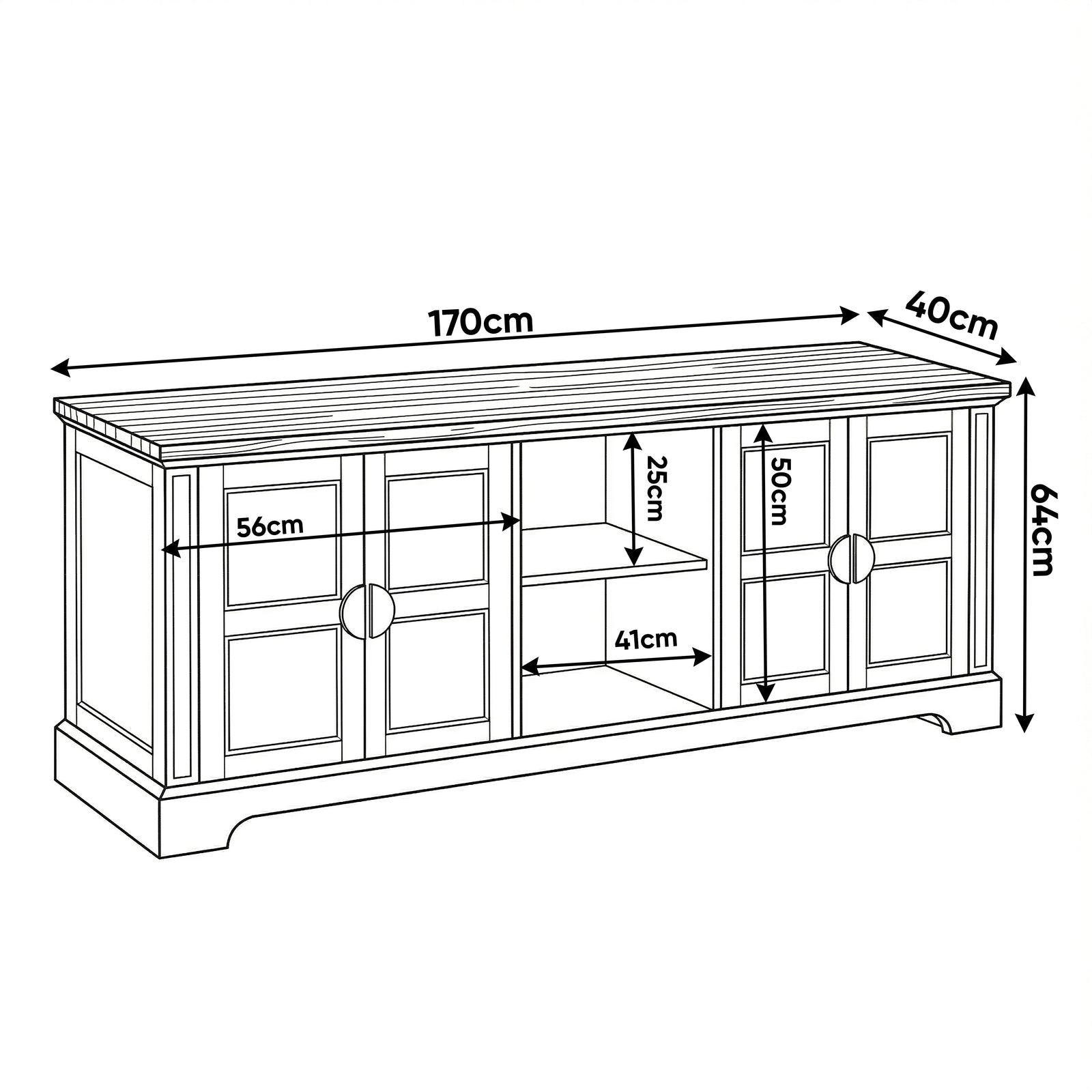 [White | 170cm] Bellford TV unit measurements showing W170 x D40 x H64cm with 56cm door section and 41cm open bay