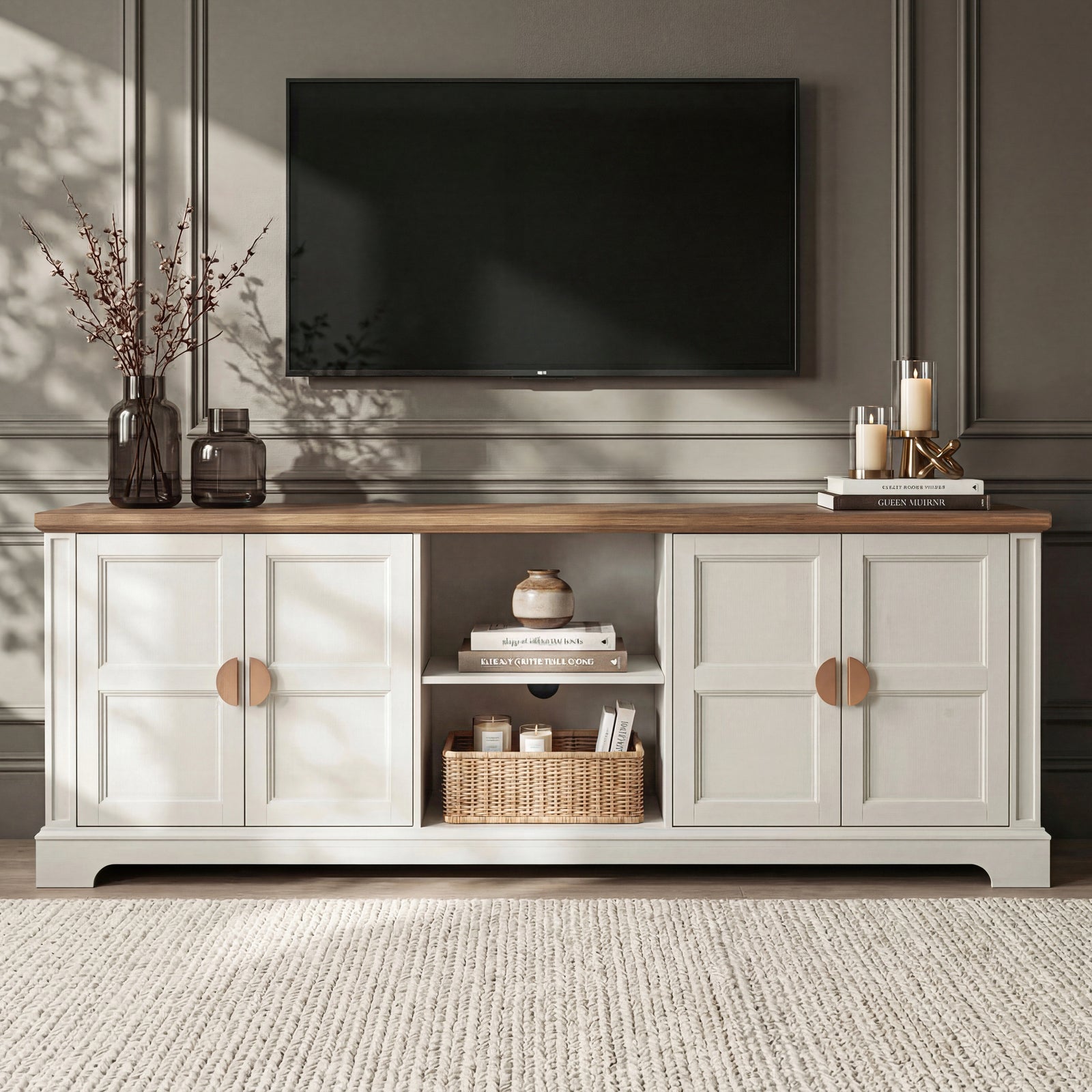 [White | 170cm] Bellford TV unit front view in a dark panelled room with doors closed, TV above, and styled shelves