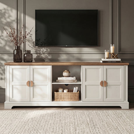 [White | 170cm] Bellford TV unit front view in a dark panelled room with doors closed, TV above, and styled shelves