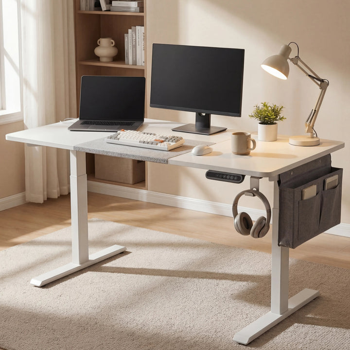 [160cm x 70cm] White electric standing desk 160x70cm in home office with monitor, laptop and bookshelf in background