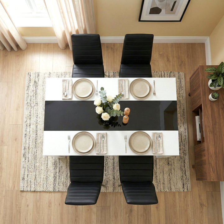 [4 Seater | Black] White & Black Gloss 4-6 Seater Dining Table photographed from directly above with four black chairs and four beige place settings on a woven rug