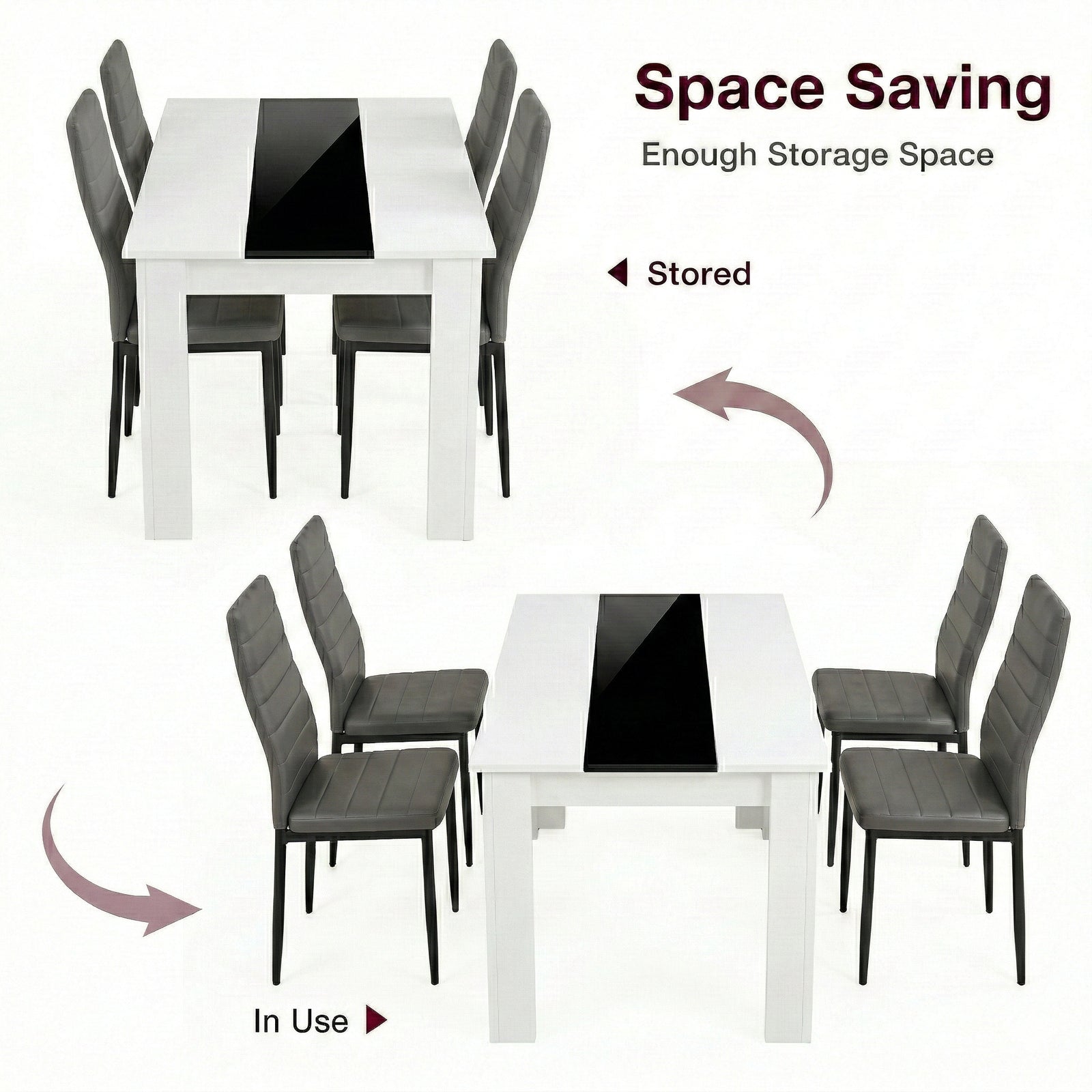 [4 Seater | Grey] White & Black Gloss 4-6 Seater Dining Table shown in stored and in-use configurations with four grey faux-leather chairs on a white background