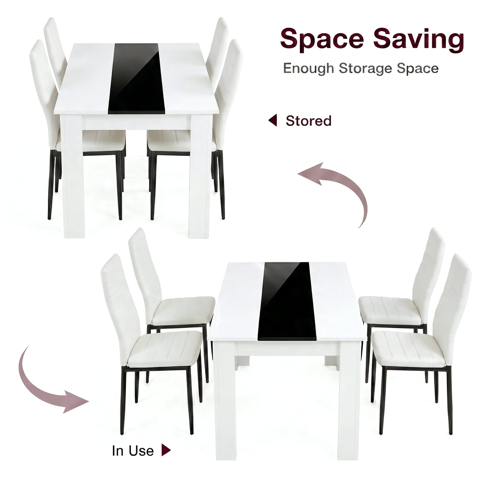 [4 Seater | White] White & Black Gloss 4-6 Seater Dining Table shown in stored and in-use configurations with four white faux-leather chairs on a white background