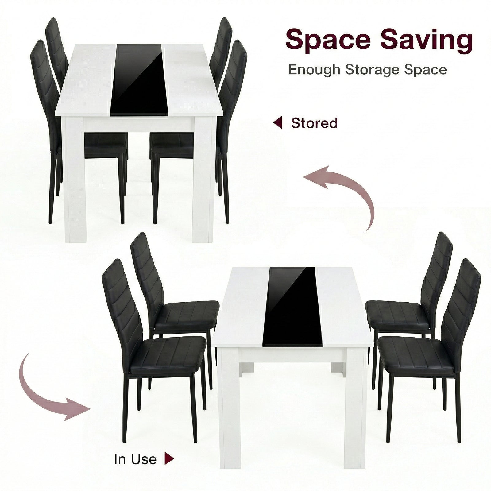 [4 Seater | Black] White & Black Gloss 4-6 Seater Dining Table shown in stored and in-use configurations with four black faux-leather chairs on a white background