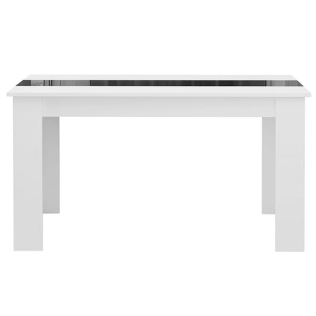 front view of 6 seater dining room table in white gloss with black strip 4 people with L shaped legs and engineered wood top