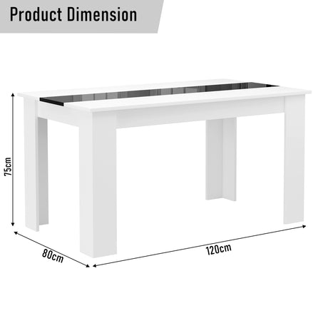 dimensions of the white dining room table with gloss black centre stripe: height 75 cm, width 80 cm and length 120 cm