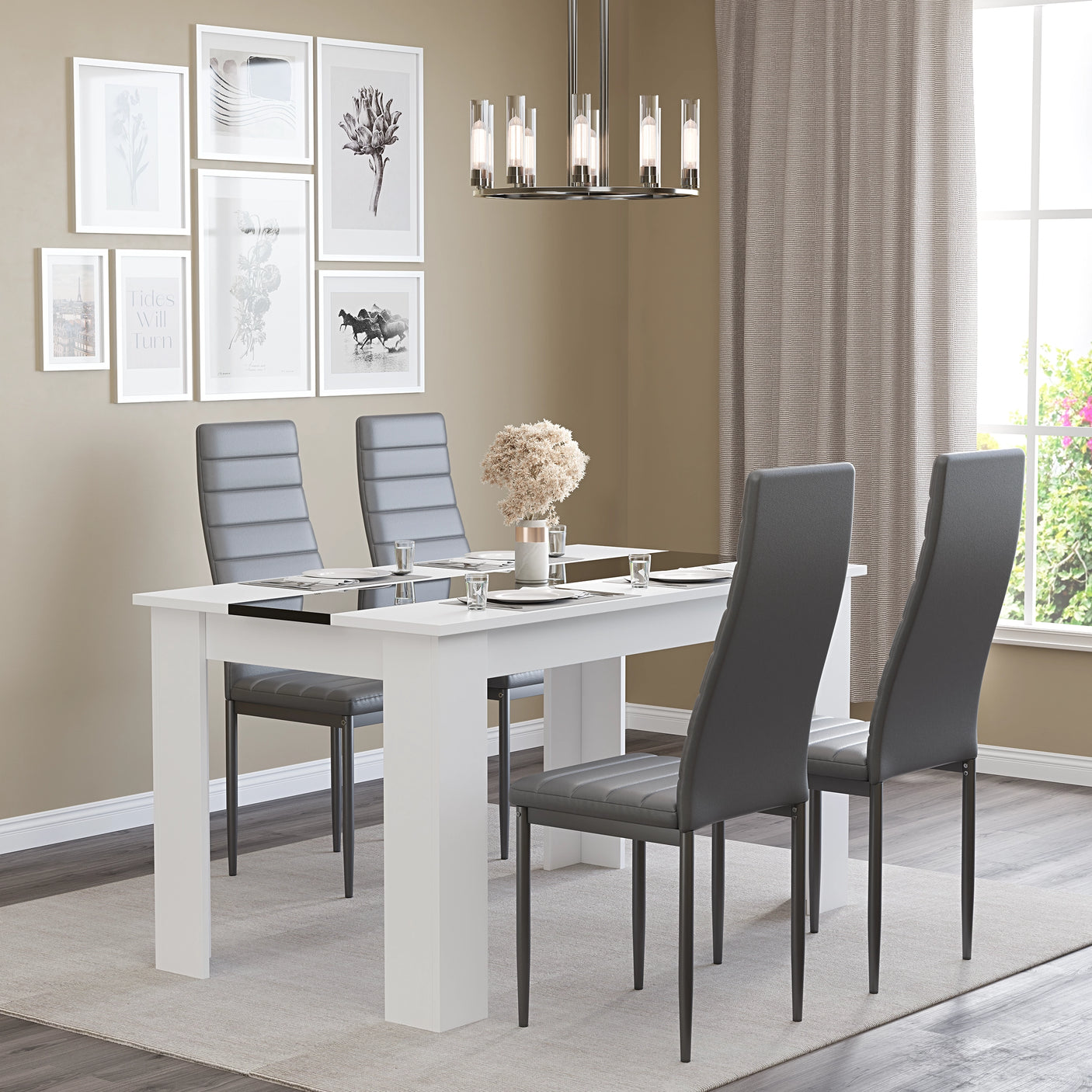 White & Black Gloss 4-6 Seater Dining Table and Chairs Set