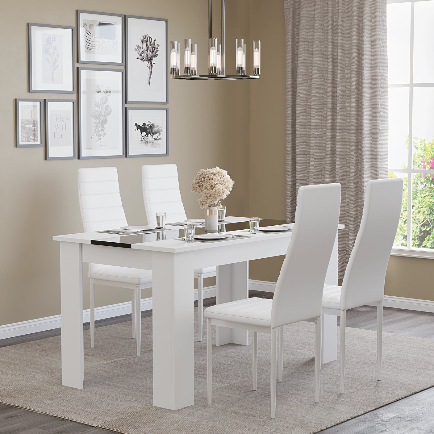 White & Black Gloss 4-6 Seater Dining Table and Chairs Set