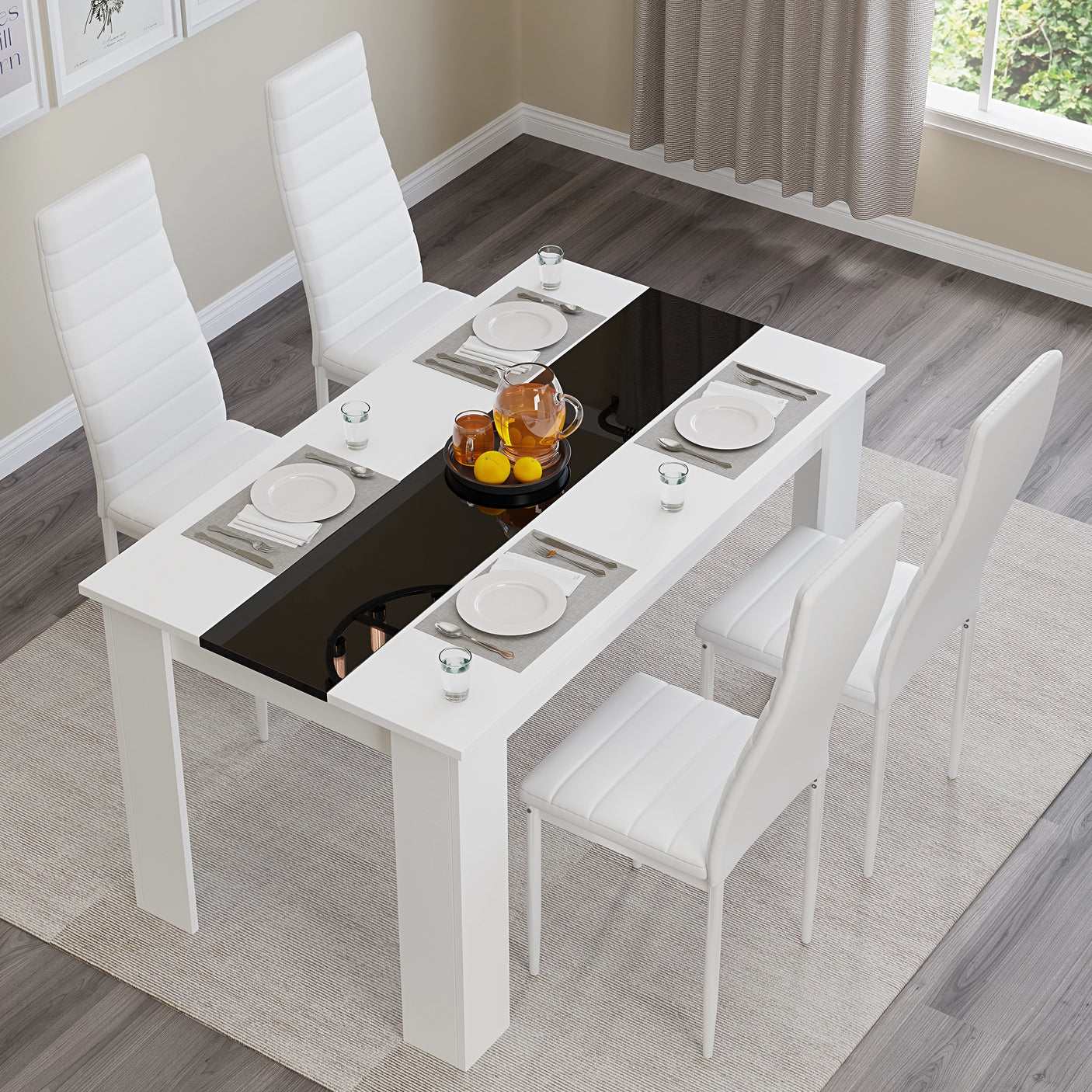 White & Black Gloss 4-6 Seater Dining Table and Chairs Set
