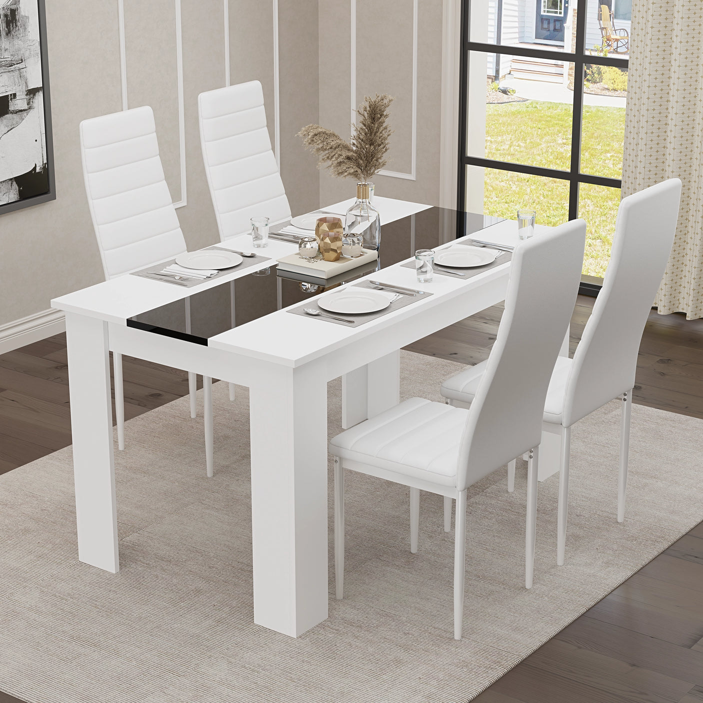 White & Black Gloss 4-6 Seater Dining Table and Chairs Set