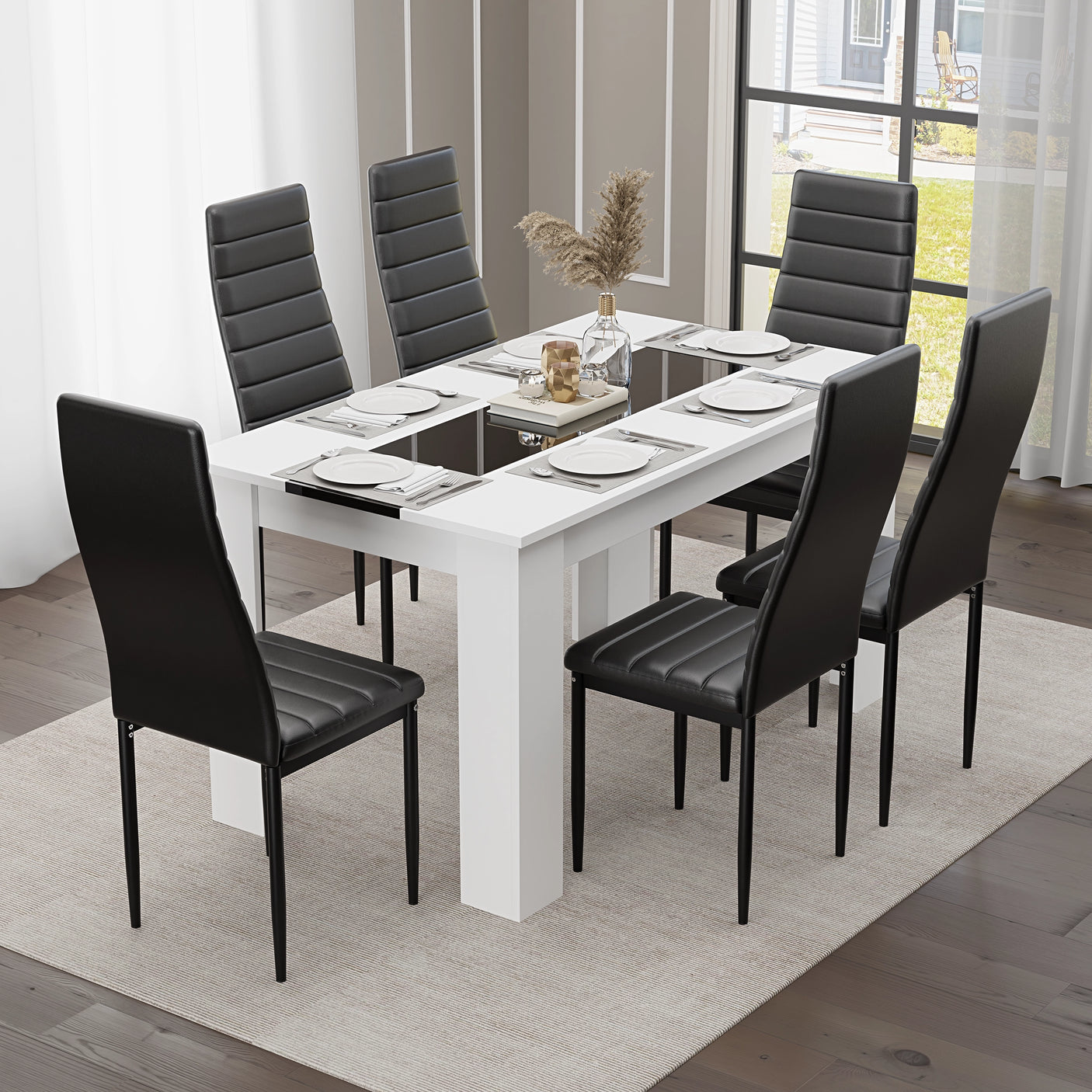 White & Black Gloss 4-6 Seater Dining Table and Chairs Set