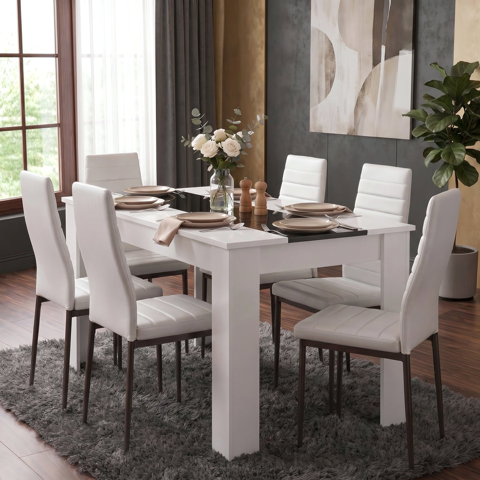 [6 Seater | White] White & Black Gloss 4-6 Seater Dining Table arranged with six chairs and casual place settings in a modern grey dining space with large window