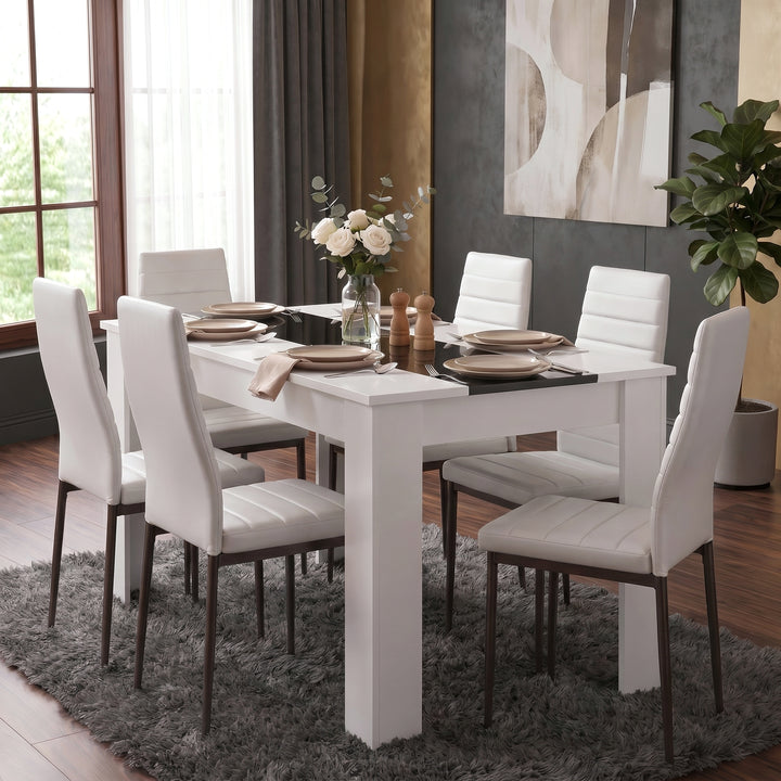 [6 Seater | White] White & Black Gloss 4-6 Seater Dining Table arranged with six chairs and casual place settings in a modern grey dining space with large window