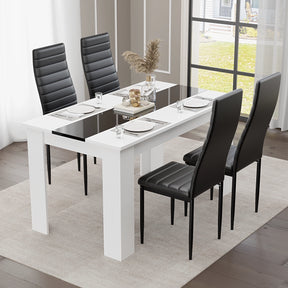 modern small dining table and 4 chairs set with white gloss and black strip, black PU leather seats