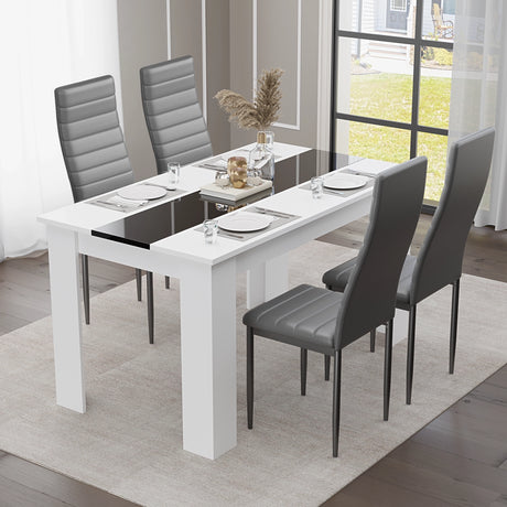 elegant small dining table set for 4 with grey leather chairs and white gloss table centre strip