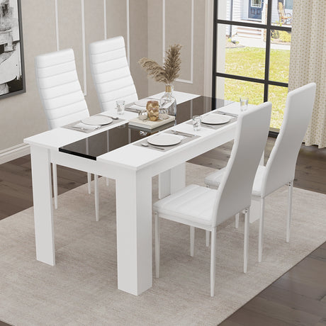 modern dining table and chairs with white gloss black strip table and soft white PU leather seats in minimal room